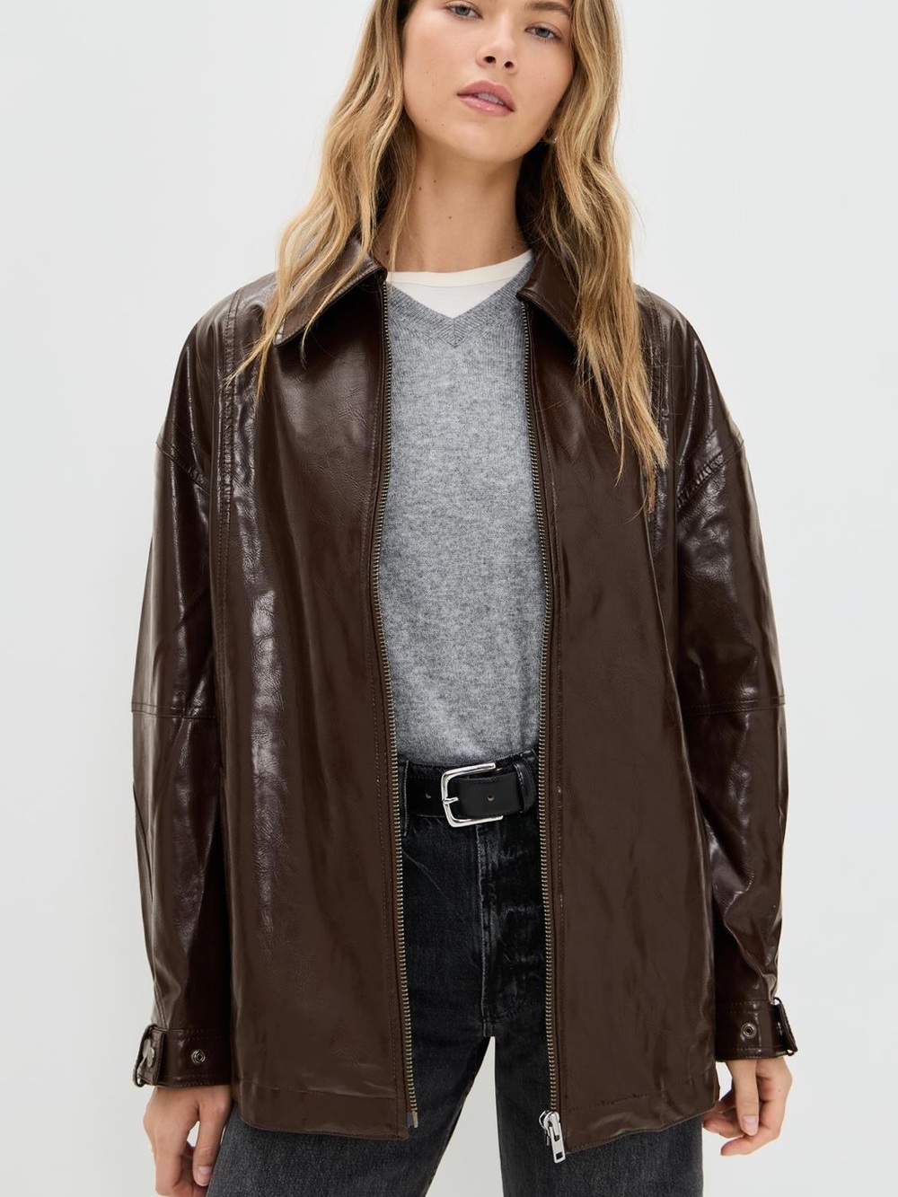 Free People Dark Brown Leather Zip Jacket